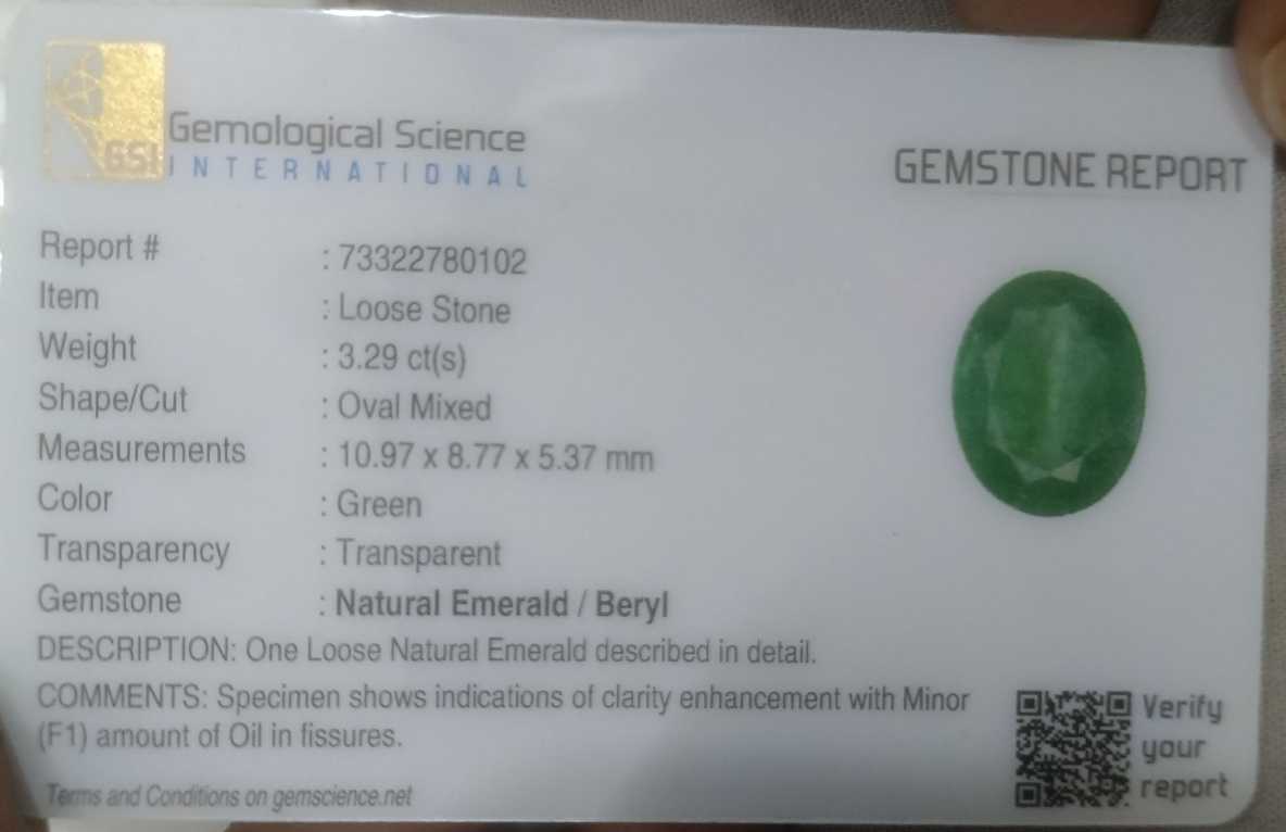 3.29ct GSI certified medium Light green oval cut Zambian emerald 
