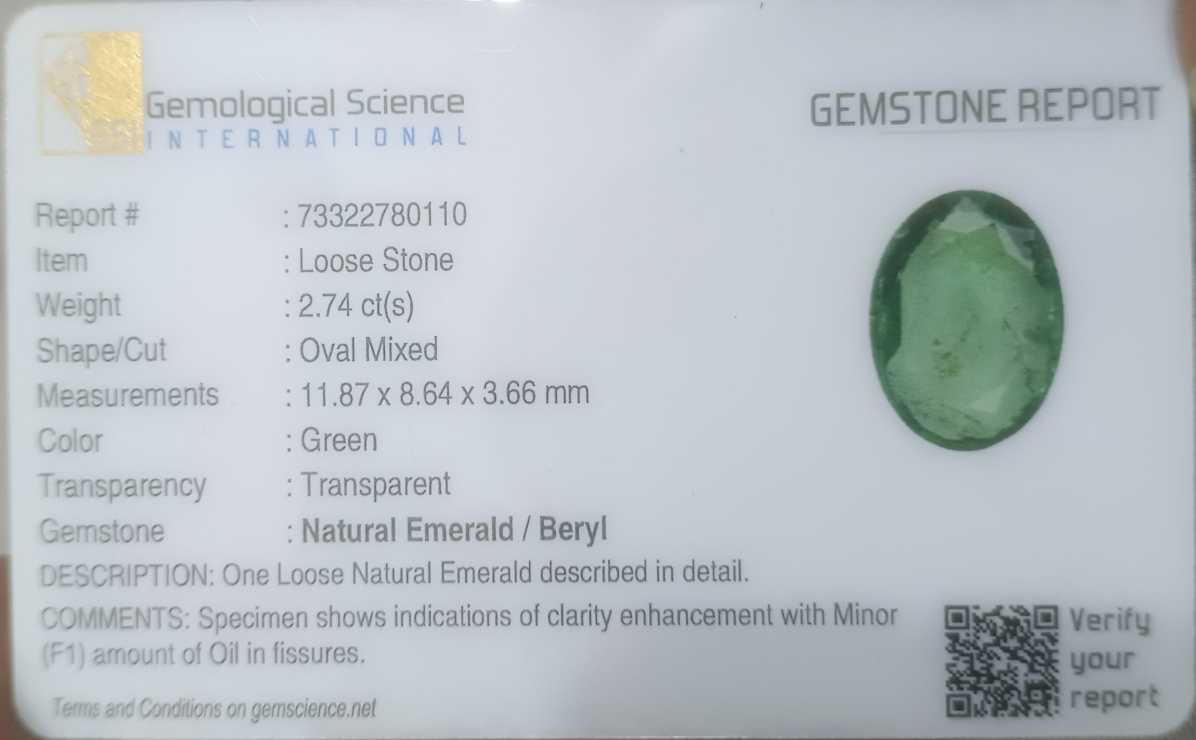 2.74ct GSI USA certified oval cut Zambian Emerald 