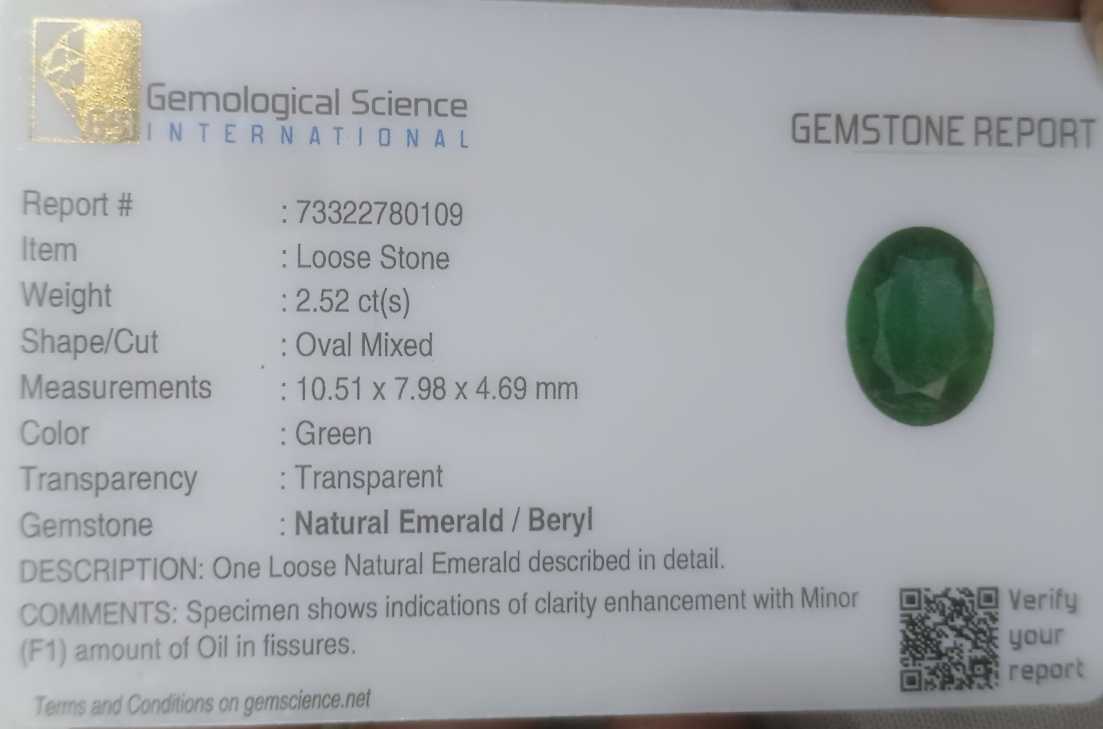 2.52ct GSI USA certified oval cut Zambian emerald 