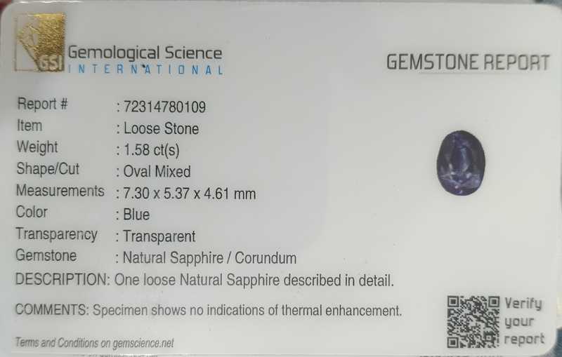 1.58cts USA certified natural non heated shiny deep dark blue oval mix sapphire 