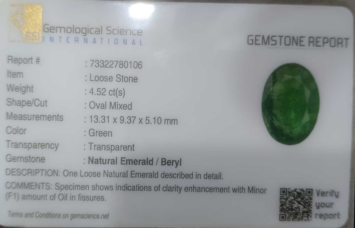 4.52ct GSI USA certified oval cut Zambian emerald 