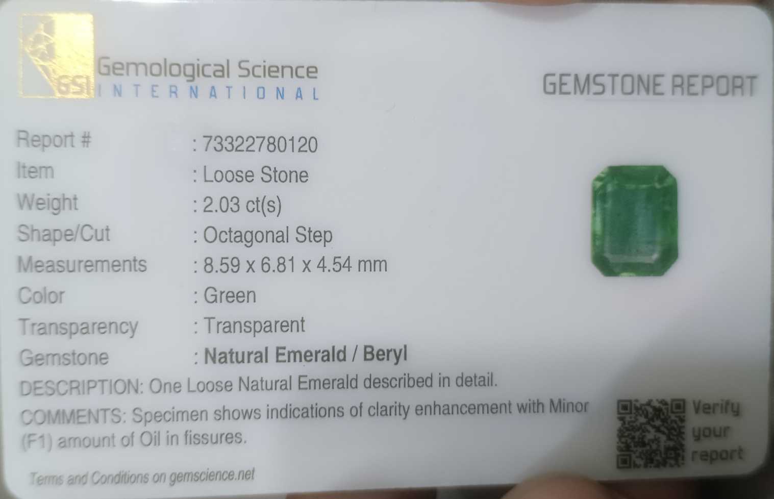 2.03ct GSI USA certified emerald cut Pastel green emerald