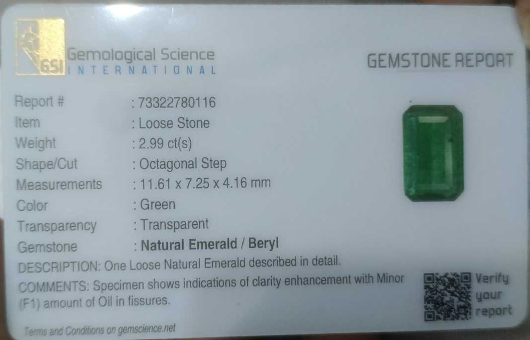 2.99ct GSI certified emerald cut Colombian emerald 
