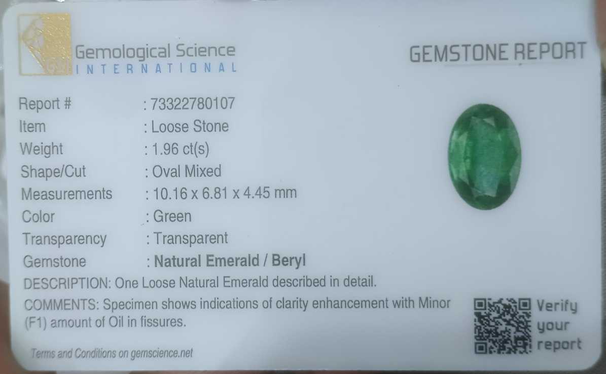 1.96ct GSI certified deep golden green Swat emerald oval cut