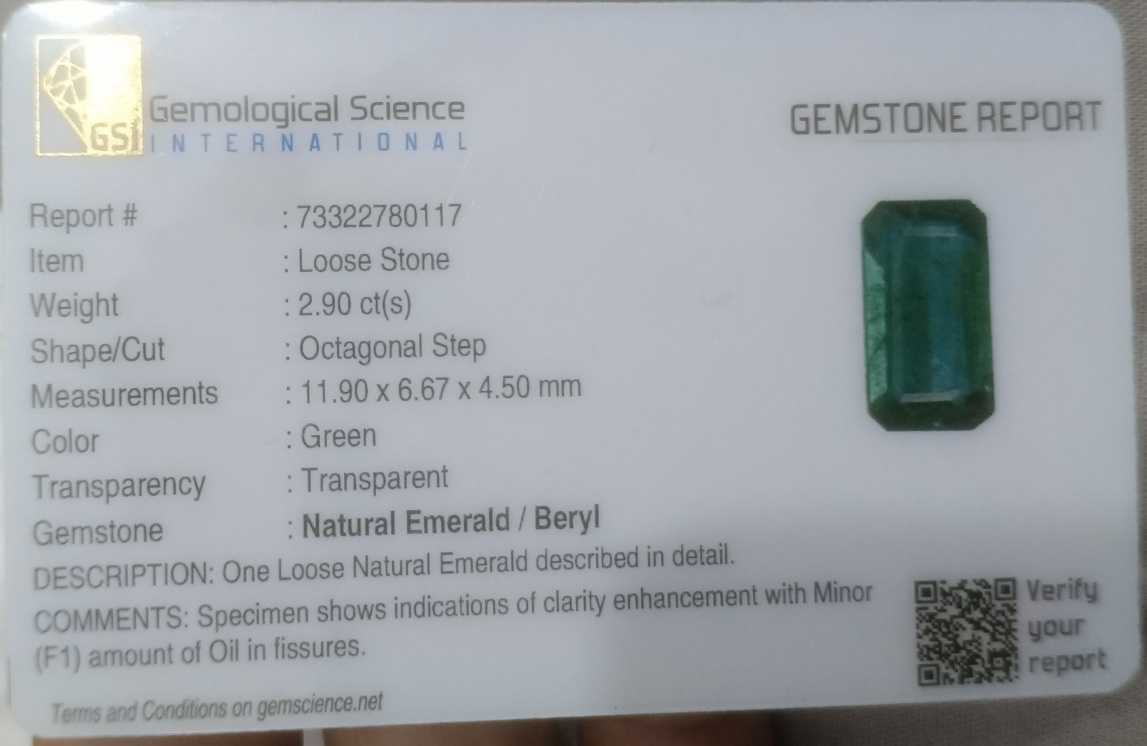 2.90ct GSI USA certified medium deep green Zambian emerald stone