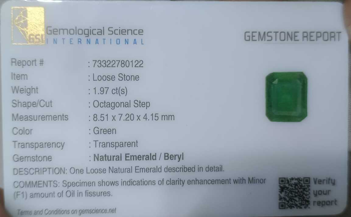 1.97ct GSI certified medium Spring green emerald cut Zambian emerald 