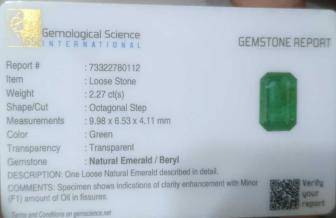 2.27ct GSI certified medium green emerald cut Panjshir Emerald 