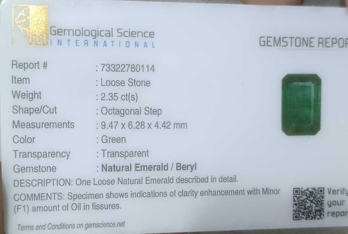 2.35ct GSI USA certified medium green emerald cut Zambian Emerald 