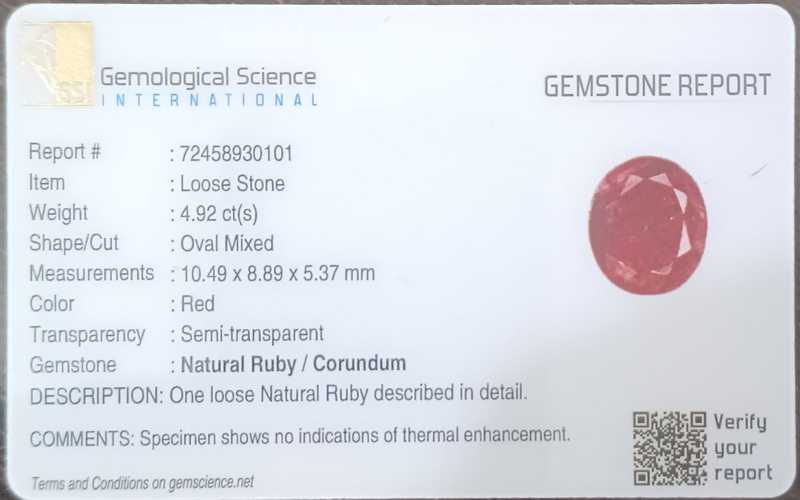 4.92ct GSI certified unheated oval cut Mozambique ruby gemstone 