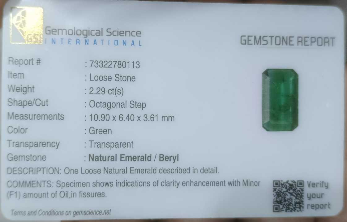 2.29ct GSI USA certified emerald cut natural vivid green Zambian emerald stone
