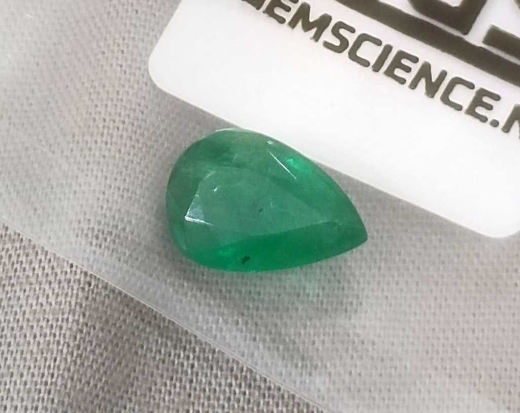 3.25ct GSI (USA) certified velvet green pear cut Zambian emerald 