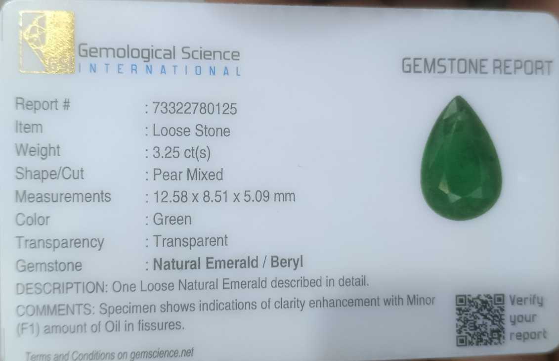 3.25ct GSI (USA) certified velvet green pear cut Zambian emerald 