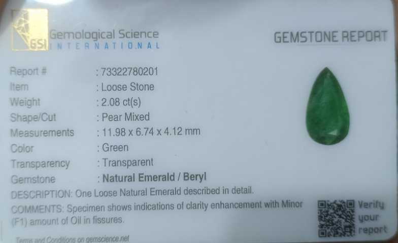 2.08ct GSI certified deep pure green pear cut Zambian emerald gemstone 