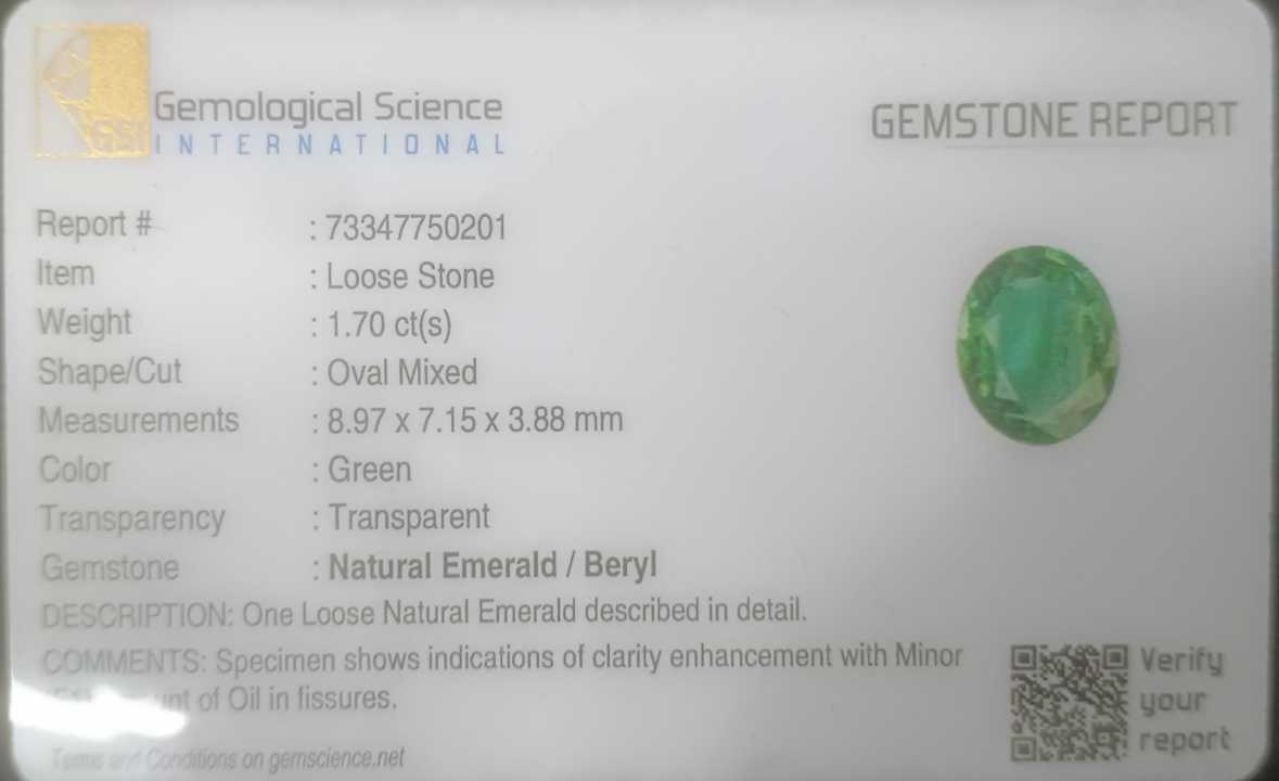1.70ct GSI certified medium deep green oval cut Zambian Emerald 