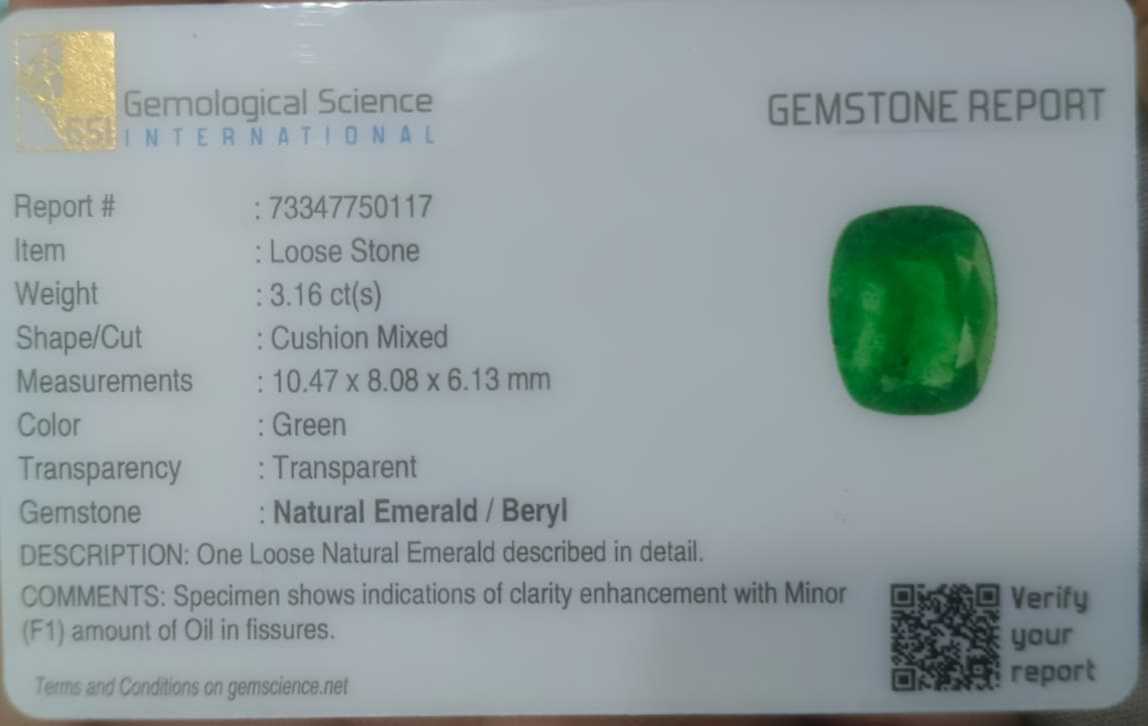 3.16ct GSI certified vivid green cushion cut Swat emerald stone