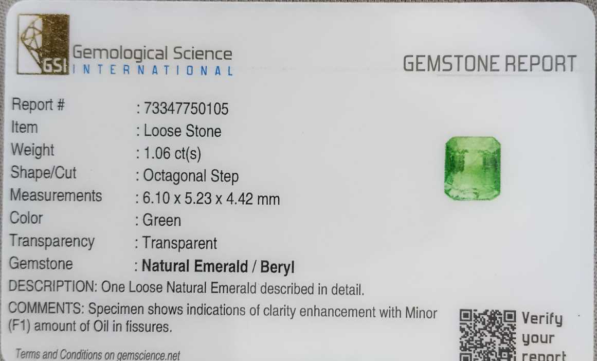 GSI USA certified 1.06ct intense green Zambian emerald gemstone