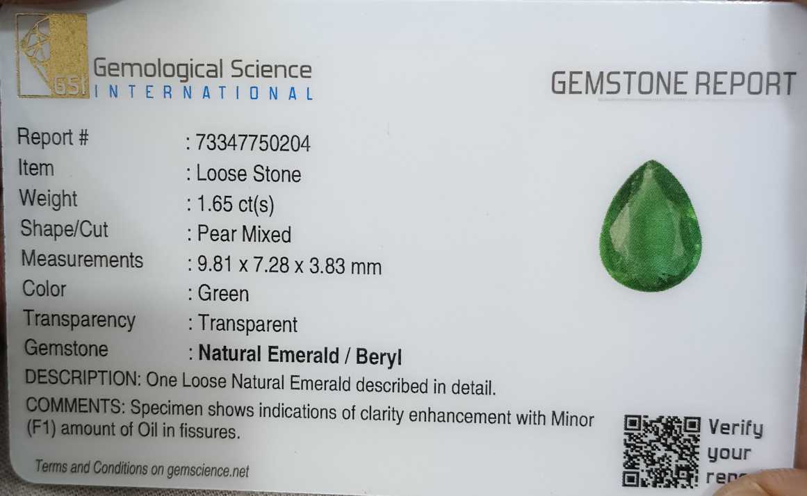 GSI certified 1.65ct sea green pear cut Zambian emerald loose gemstone 