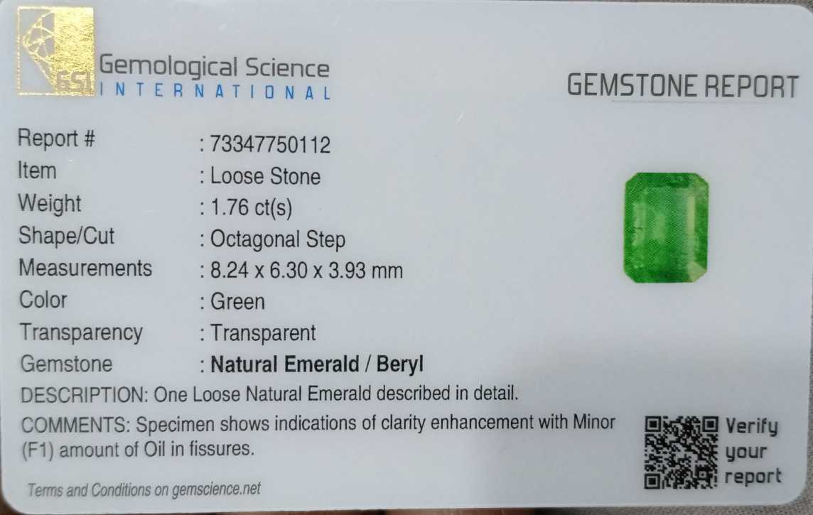 GSI USA certified 1.76ct medium light green Zambian emerald stone