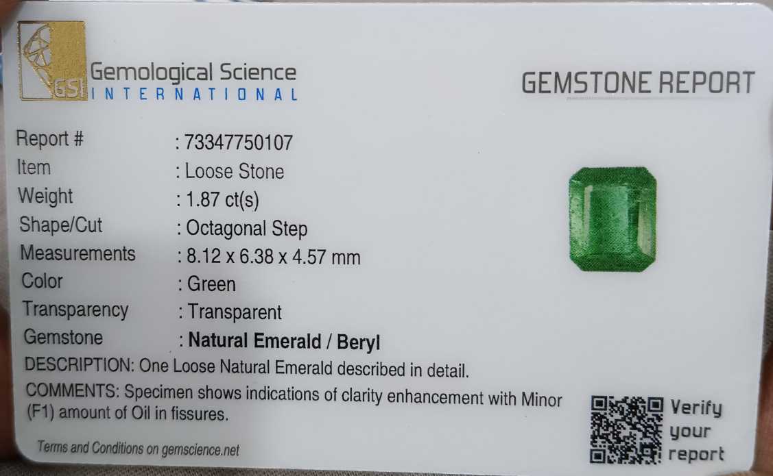 GSI certified 1.87ct medium deep green octagon cut Zambian emerald stone 