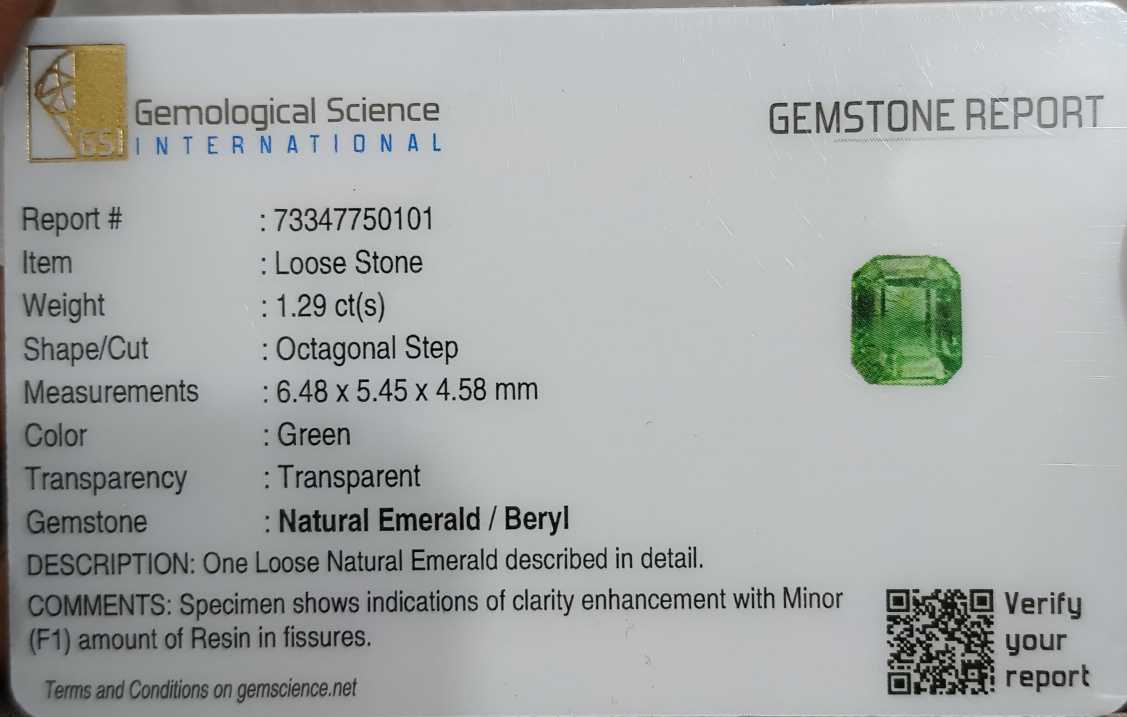 1.29cts GSI USA certified medium deep green Zambian emerald octagon cut stone