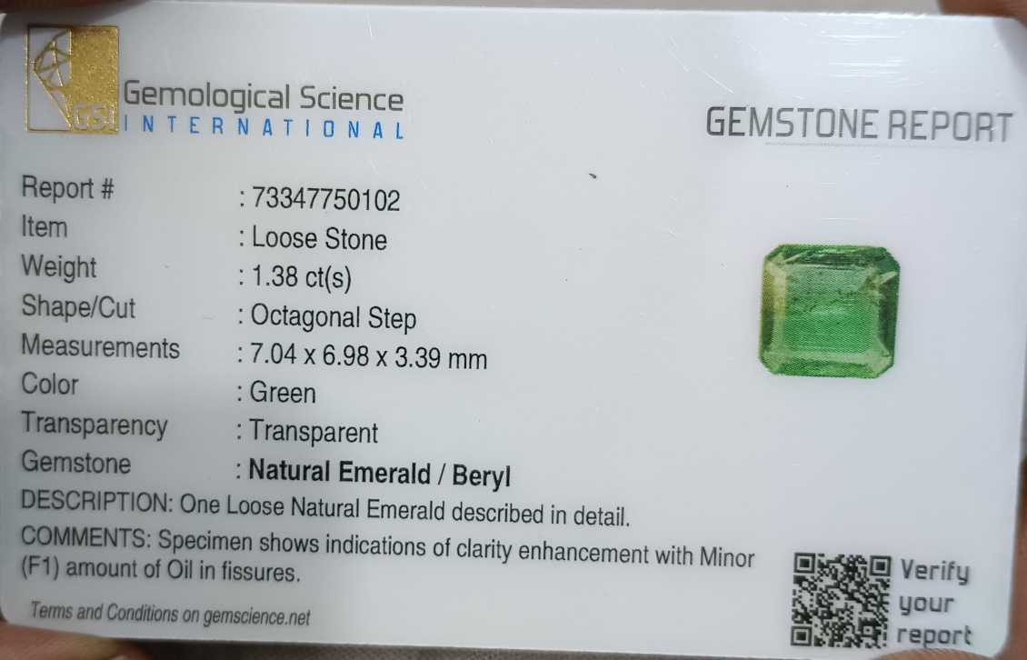 GSI certified 1.38ct medium deep green octagon cut Zambian emerald 