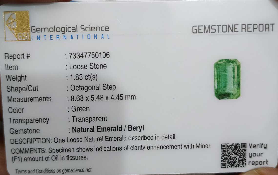 GSI USA certified 1.83ct octagon cut Zambian emerald stone 