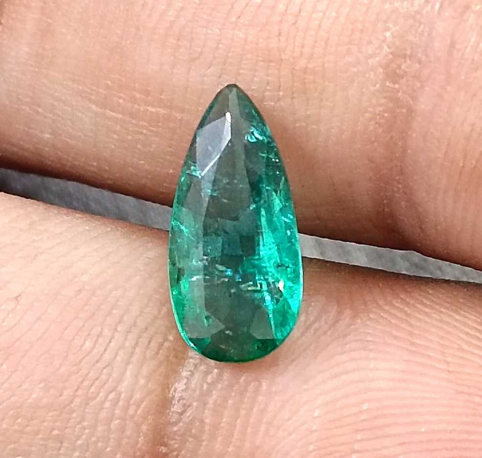 GSI certified 1.50ct pear cut medium deep green Zambian emerald stone 