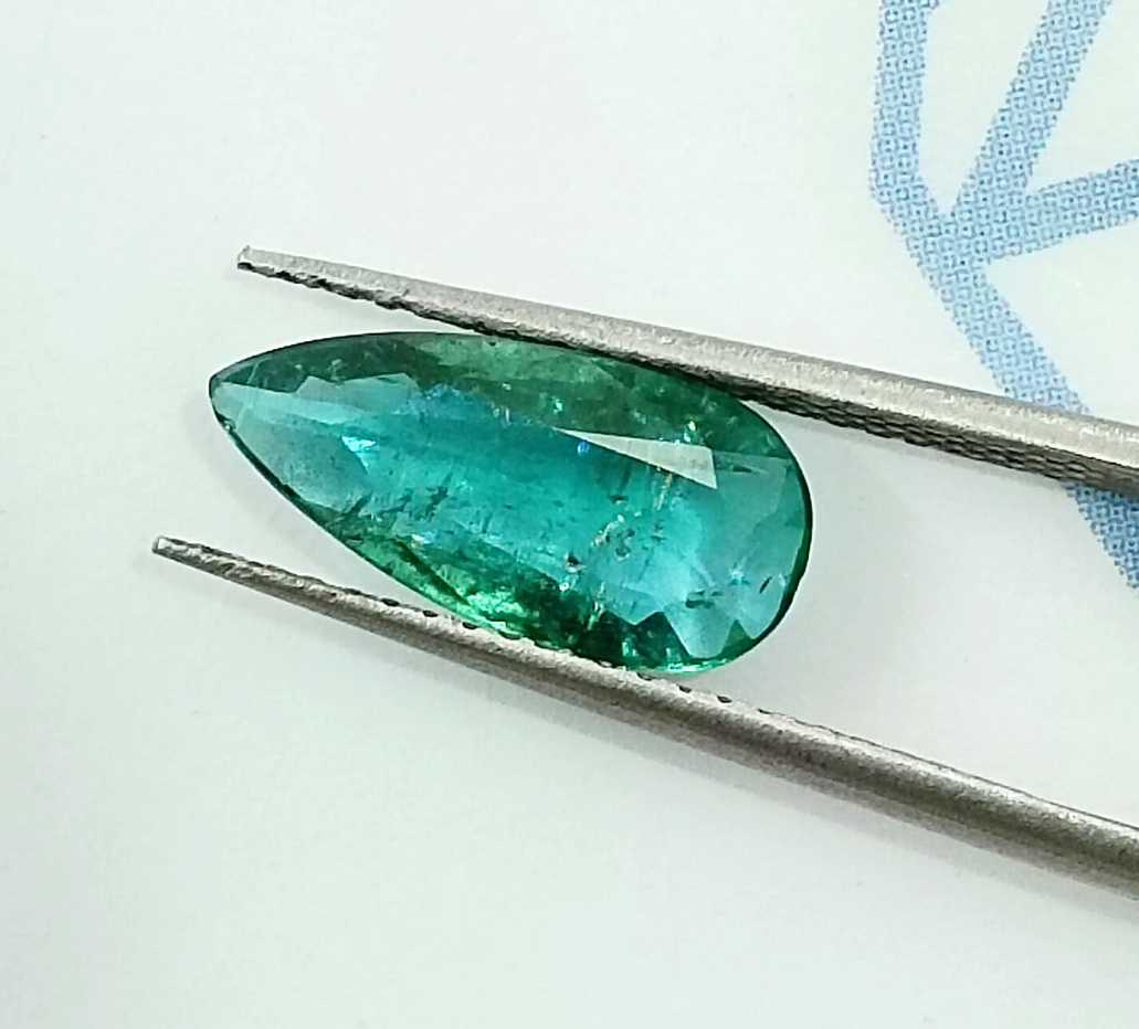 GSI certified 1.50ct pear cut medium deep green Zambian emerald stone 