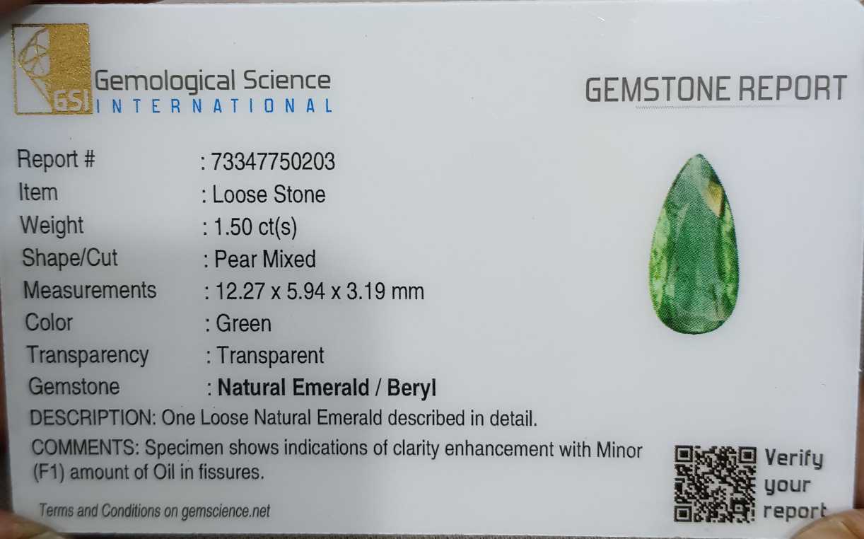 GSI certified 1.50ct pear cut medium deep green Zambian emerald stone 