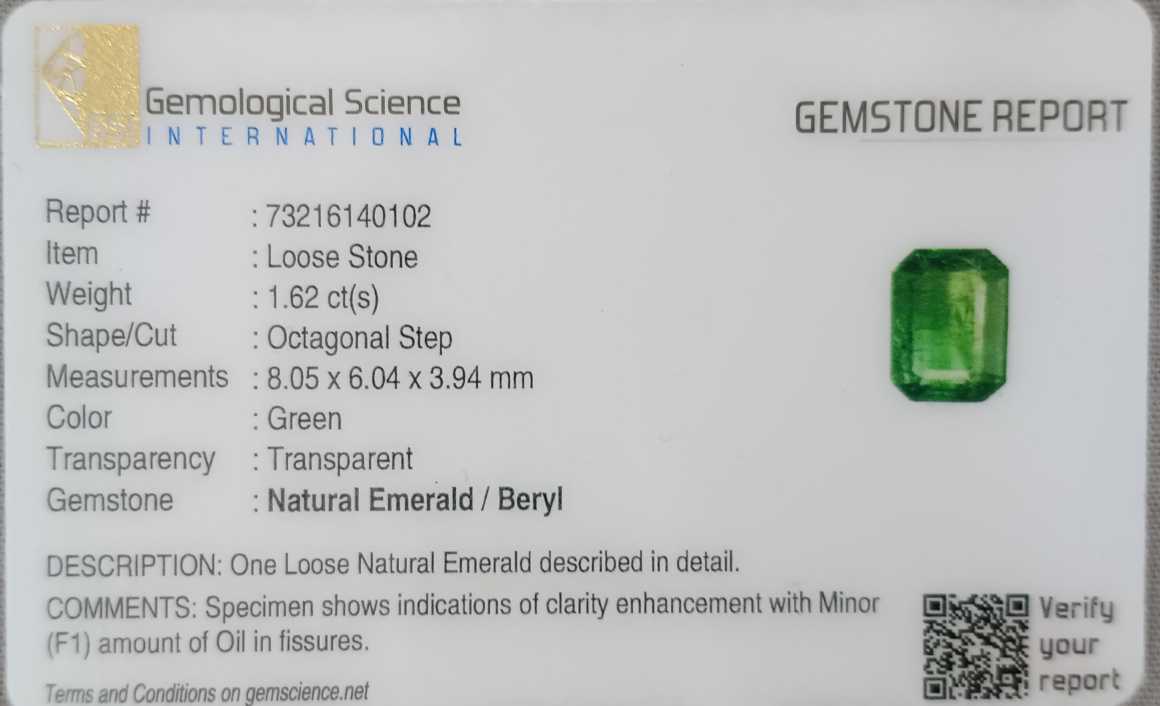 GSI USA certified 1.62ct medium green octagon cut Zambian emerald stone 
