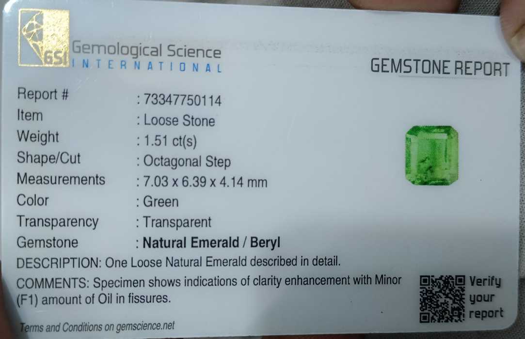 GSI certified 1.51ct medium green Zambian Emerald loose stone