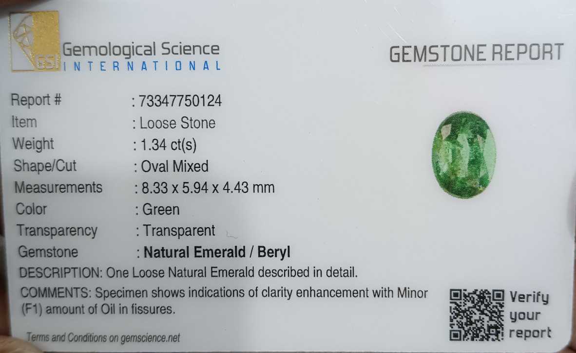 GSI certified 1.34ct deep green oval cut Zambian emerald stone 