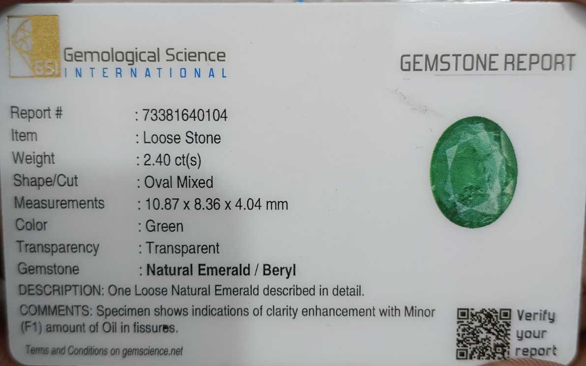 GSI certified 2.40ct oval cut Zambian emerald loose gemstone 