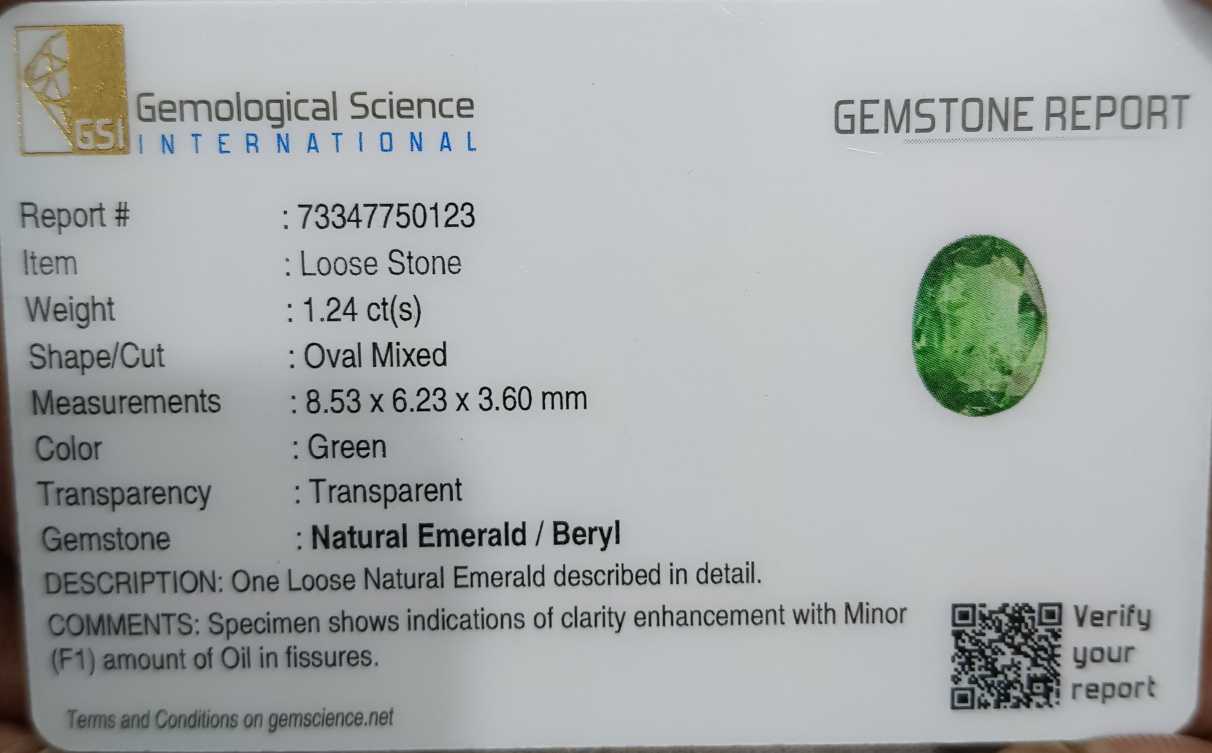 GSI certified 1.24ct vivid green oval cut Zambian emerald stone 