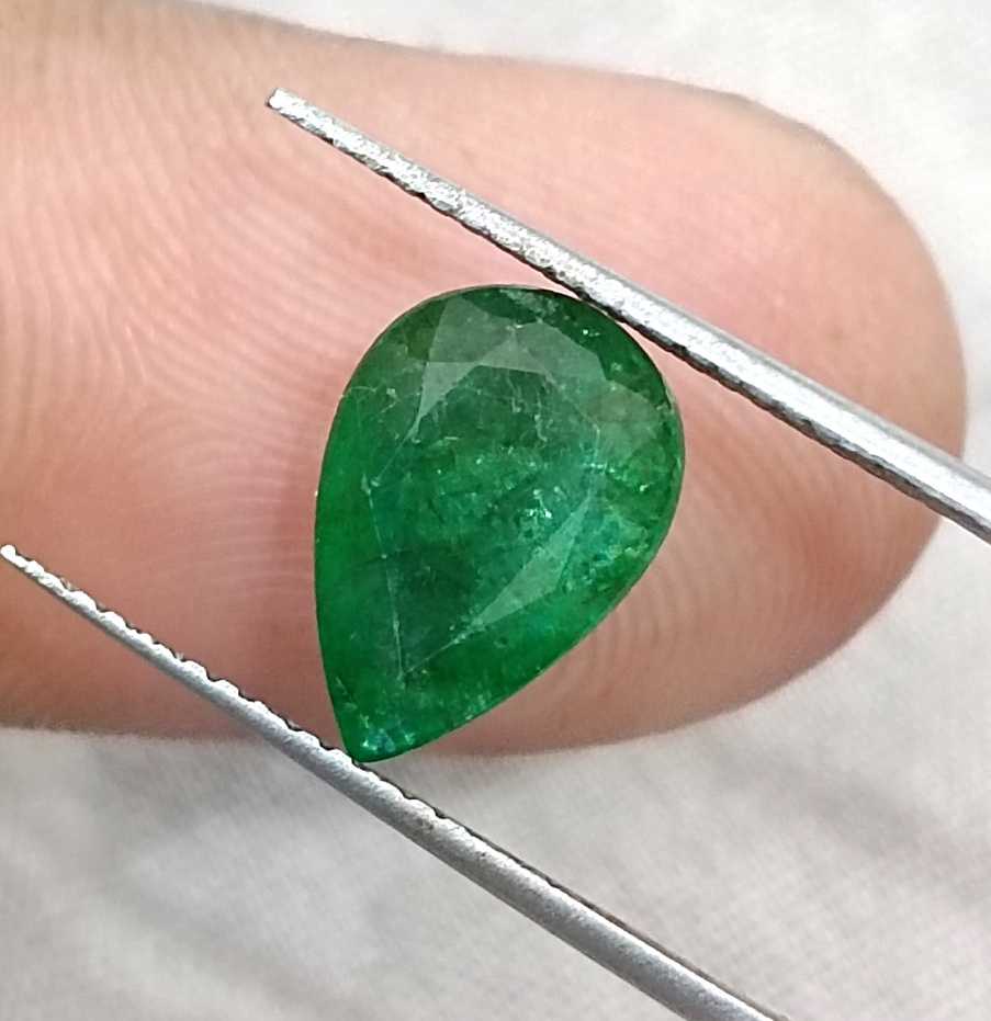GSI certified 2.31ct deep green Zambian emerald pear cut stone