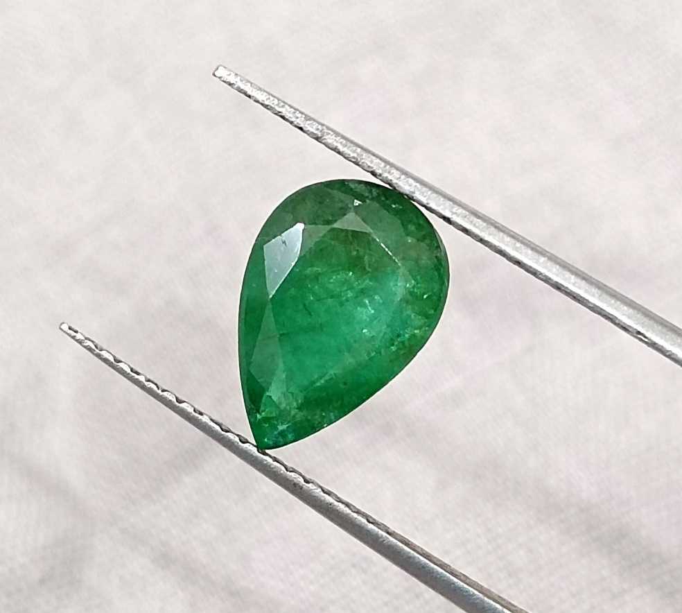 GSI certified 2.31ct deep green Zambian emerald pear cut stone