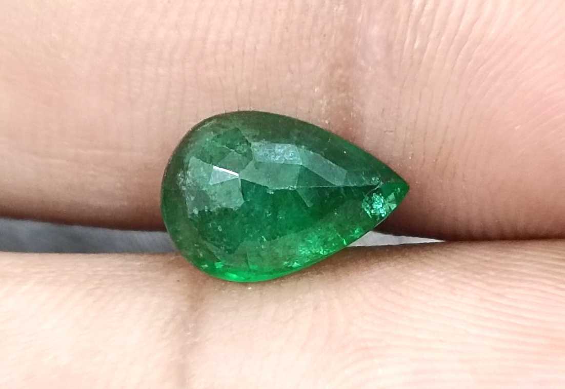 GSI certified 2.31ct deep green Zambian emerald pear cut stone