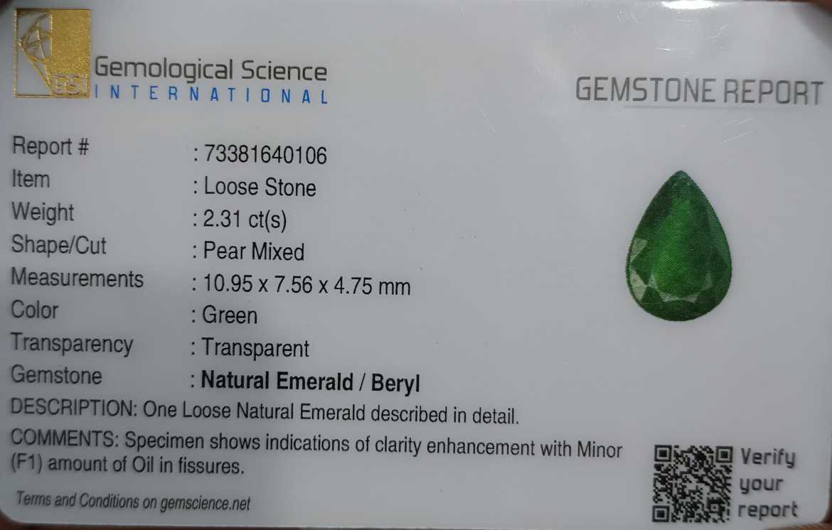 GSI certified 2.31ct deep green Zambian emerald pear cut stone