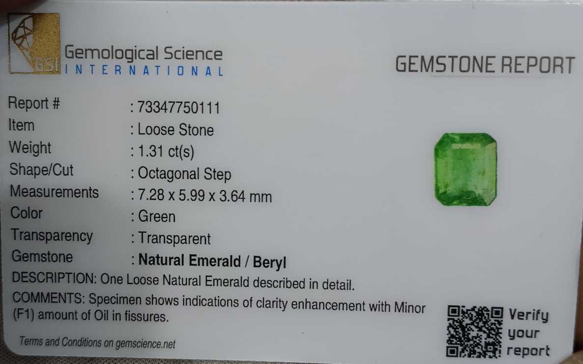 GSI USA certified 1.31ct parrot green Zambian emerald octagon cut stone 