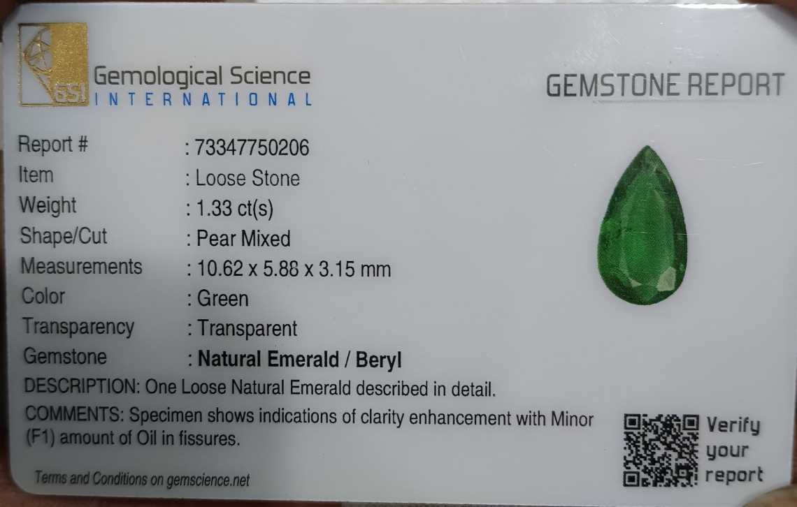 GSI USA certified 1.33ct pear cut deep green Zambian emerald stone 