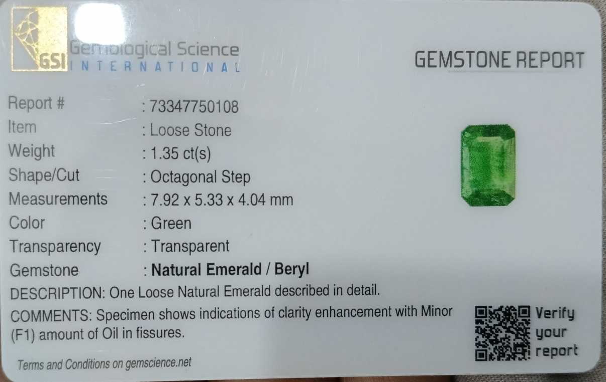 GSI certified 1.35ct deep golden green Panjshir emerald octagon cut gemstone