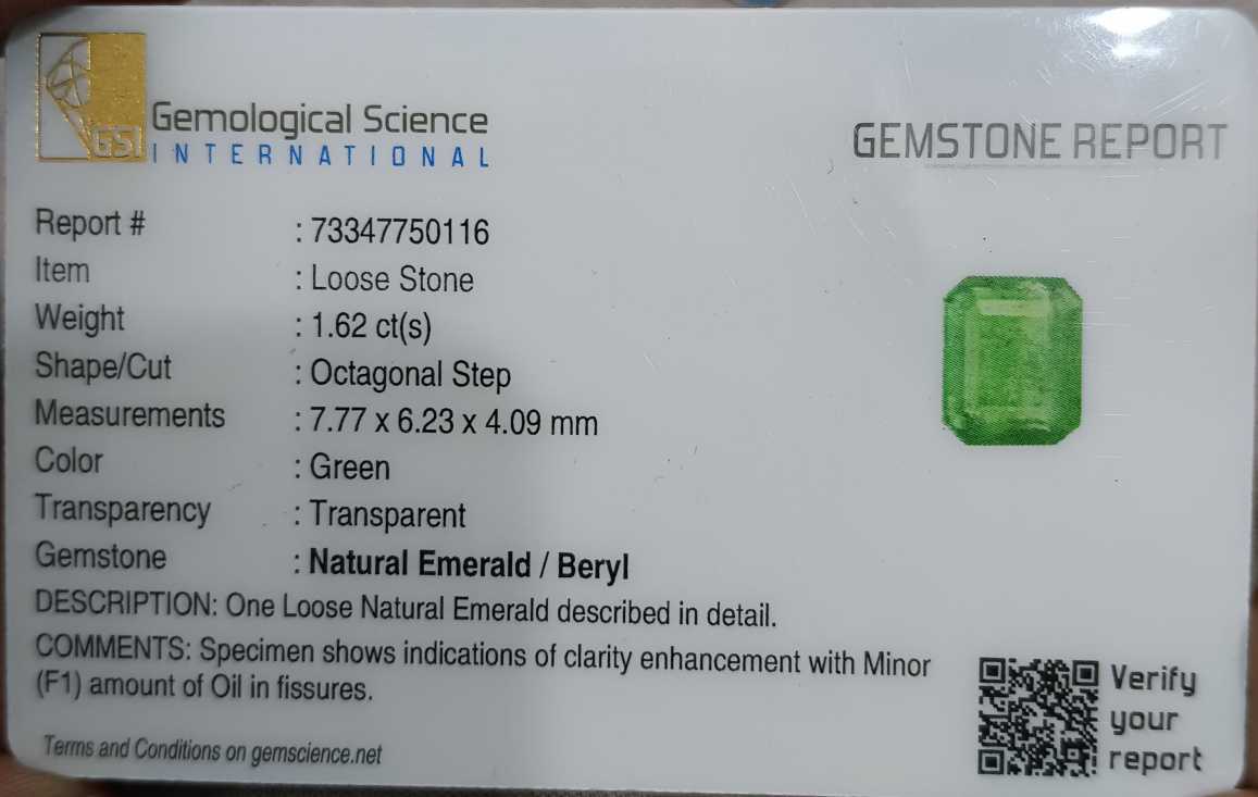 GSI certified 1.62ct medium green Zambian emerald natural gemstone