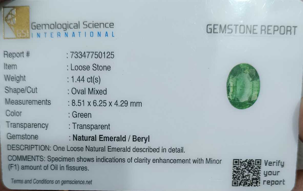 GSI certified 1.44ct Shamrock green oval cut Zambian emerald 