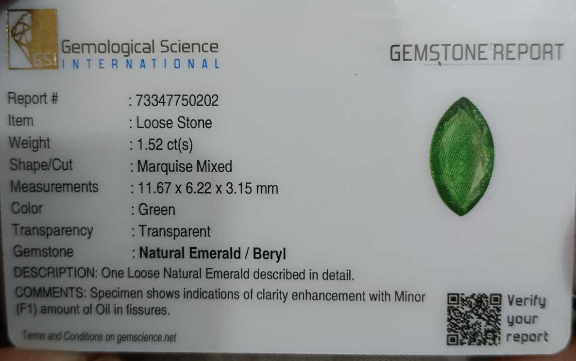 GSI certified 1.52ct medium leaf green marquise cut emerald 
