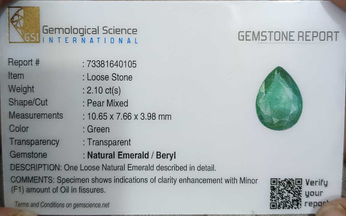 GSI USA certified 2.10ct medium light green pear cut Zambian emerald 