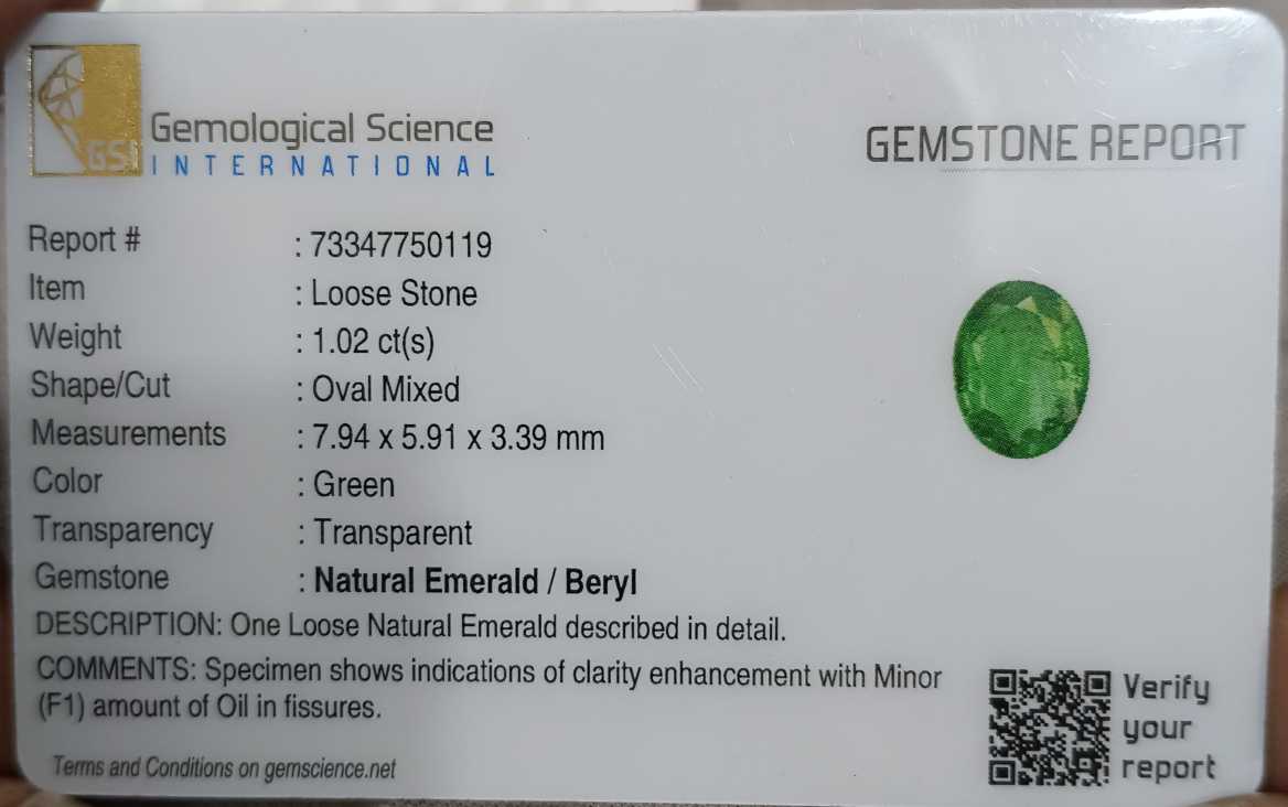 GSI certified 1.02ct Vivid green oval cut Zambian emerald natural gemstone 