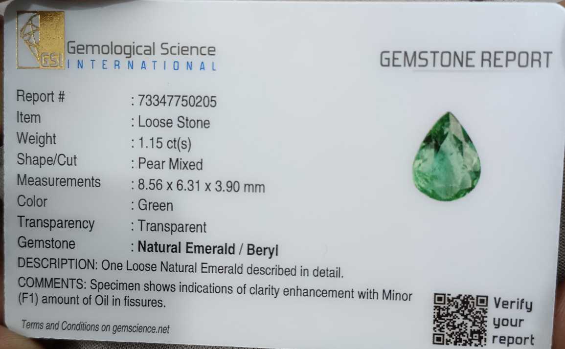 GSI certified 1.15ct medium green Zambian emerald pear cut loose gemstone 