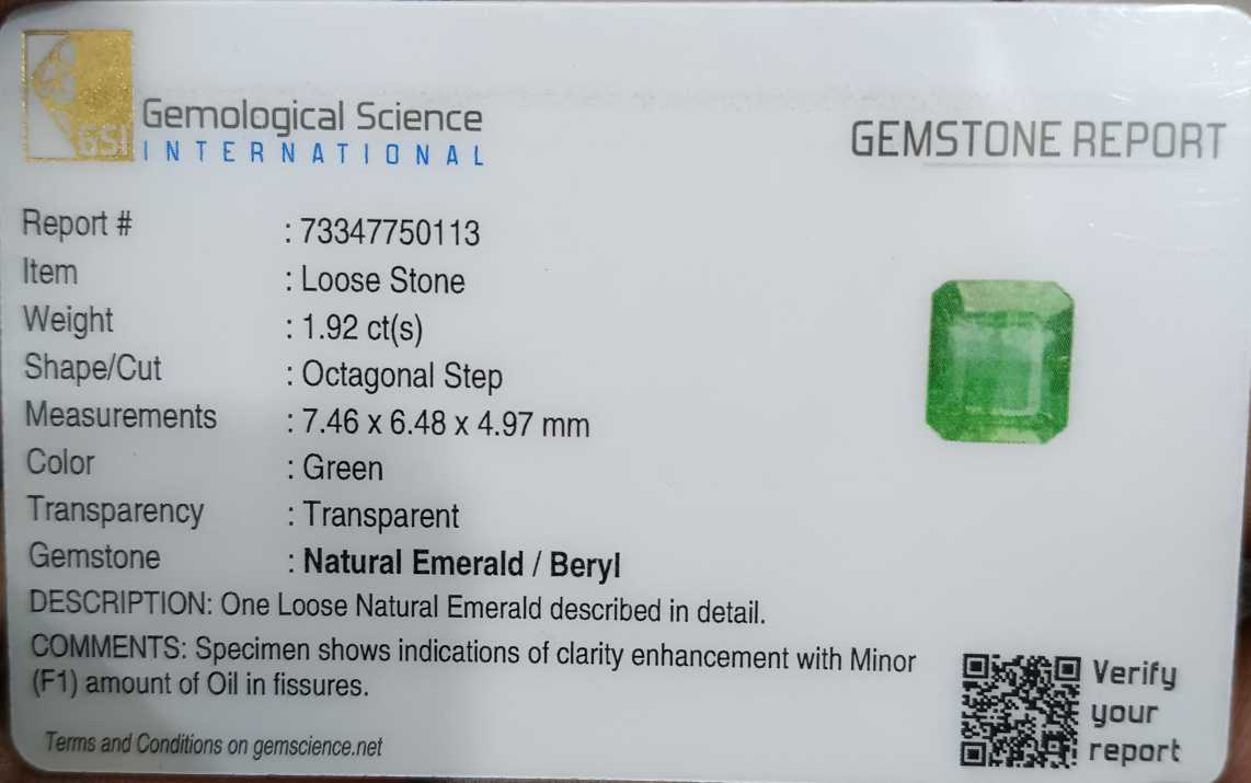 GSI USA certified 1.92ct intense green emerald cut Zambian emerald 