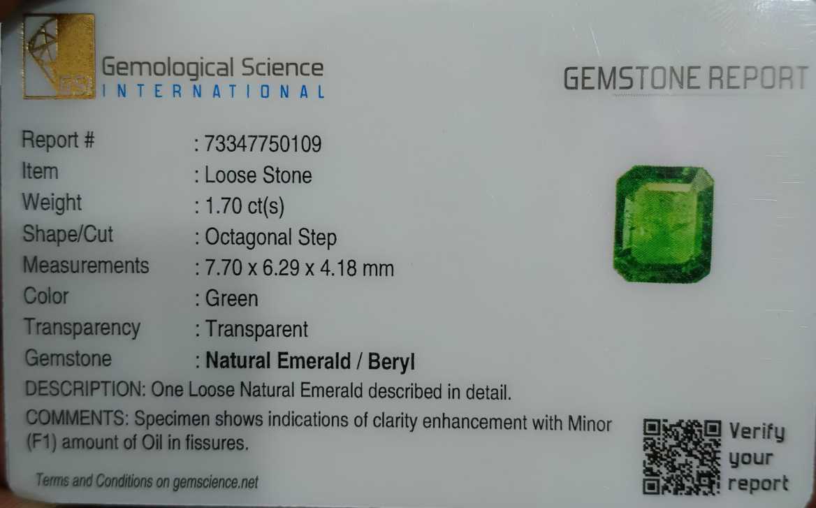 1.70cts GSI certified medium deep green Zambian emerald emerald cut gemstone 