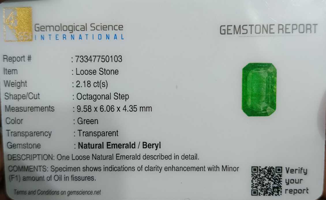 2.18cts GSI certified med light green Panjshir emerald natural octagon cut stone 